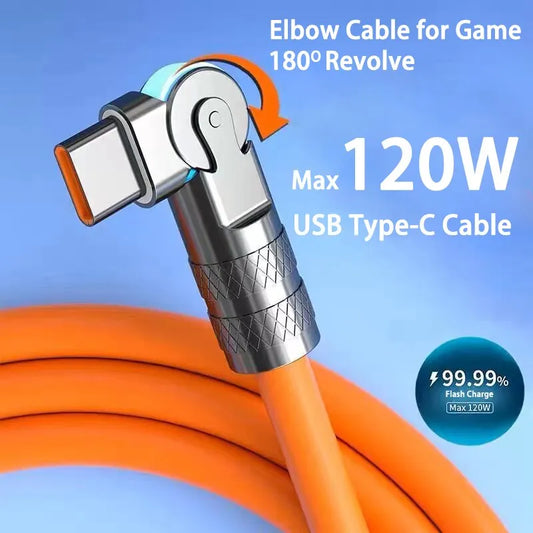 120W 7A Fast Charge USB Type C Cable 180 Degree Rotation Elbow Cable for Game for Xiaomi Redmi Honor Phone Charger USB C Cable
