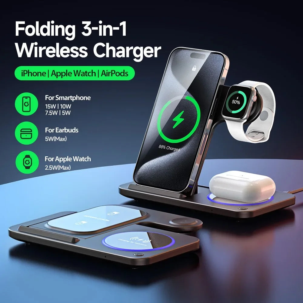 30W LED Fast Wireless Charger Stand 3 in 1 Foldable Charging Station for IPhone Apple products