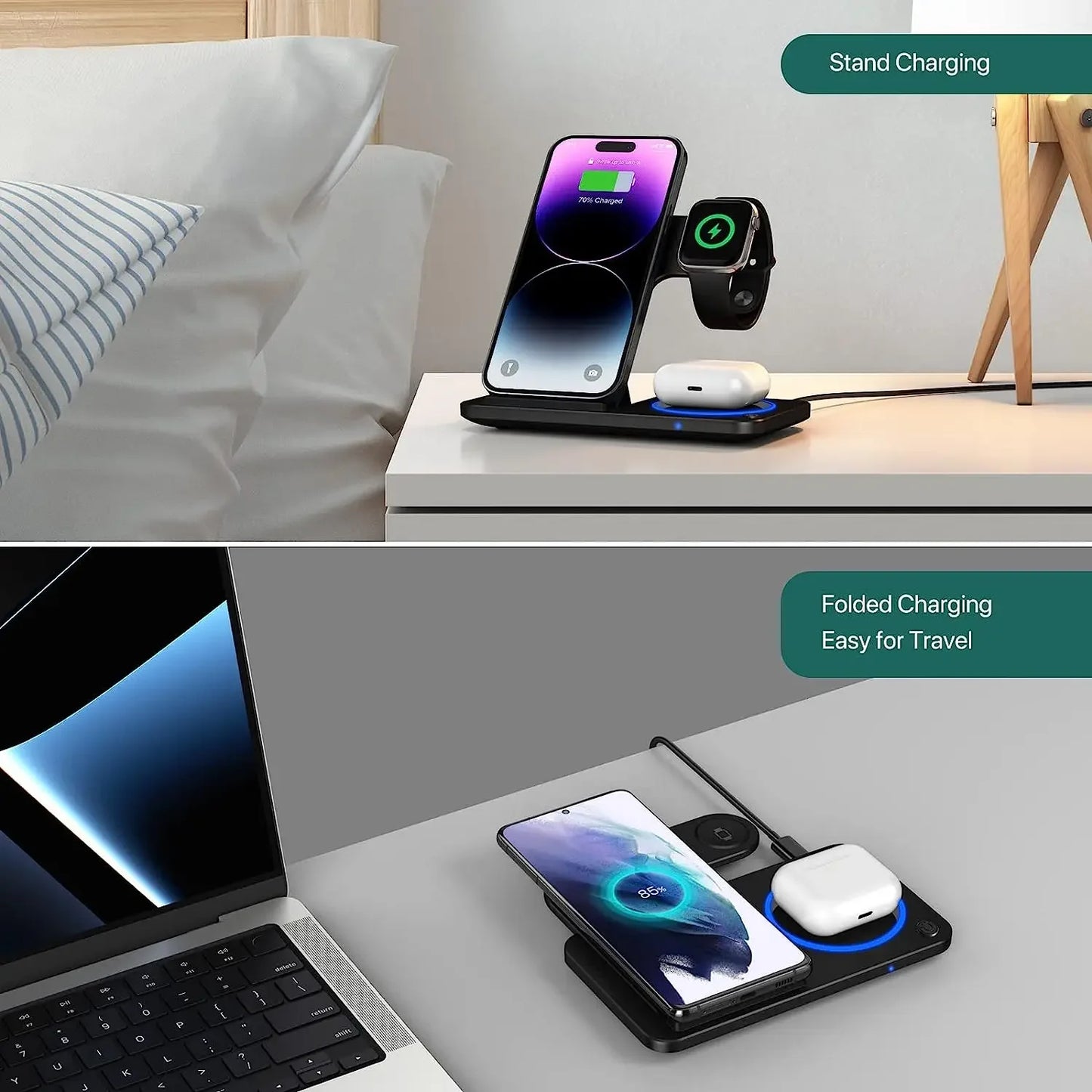 30W LED Fast Wireless Charger Stand 3 in 1 Foldable Charging Station for IPhone Apple products