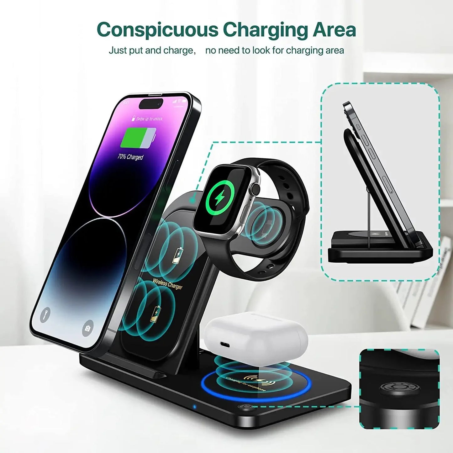 30W LED Fast Wireless Charger Stand 3 in 1 Foldable Charging Station for IPhone Apple products