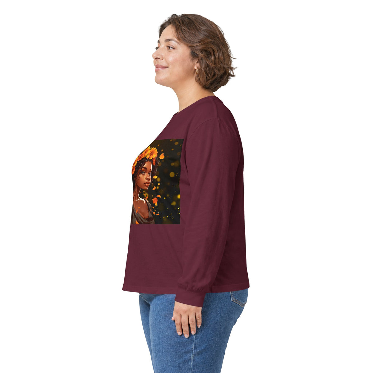 African Woman Floral Portrait Long Sleeve Tee