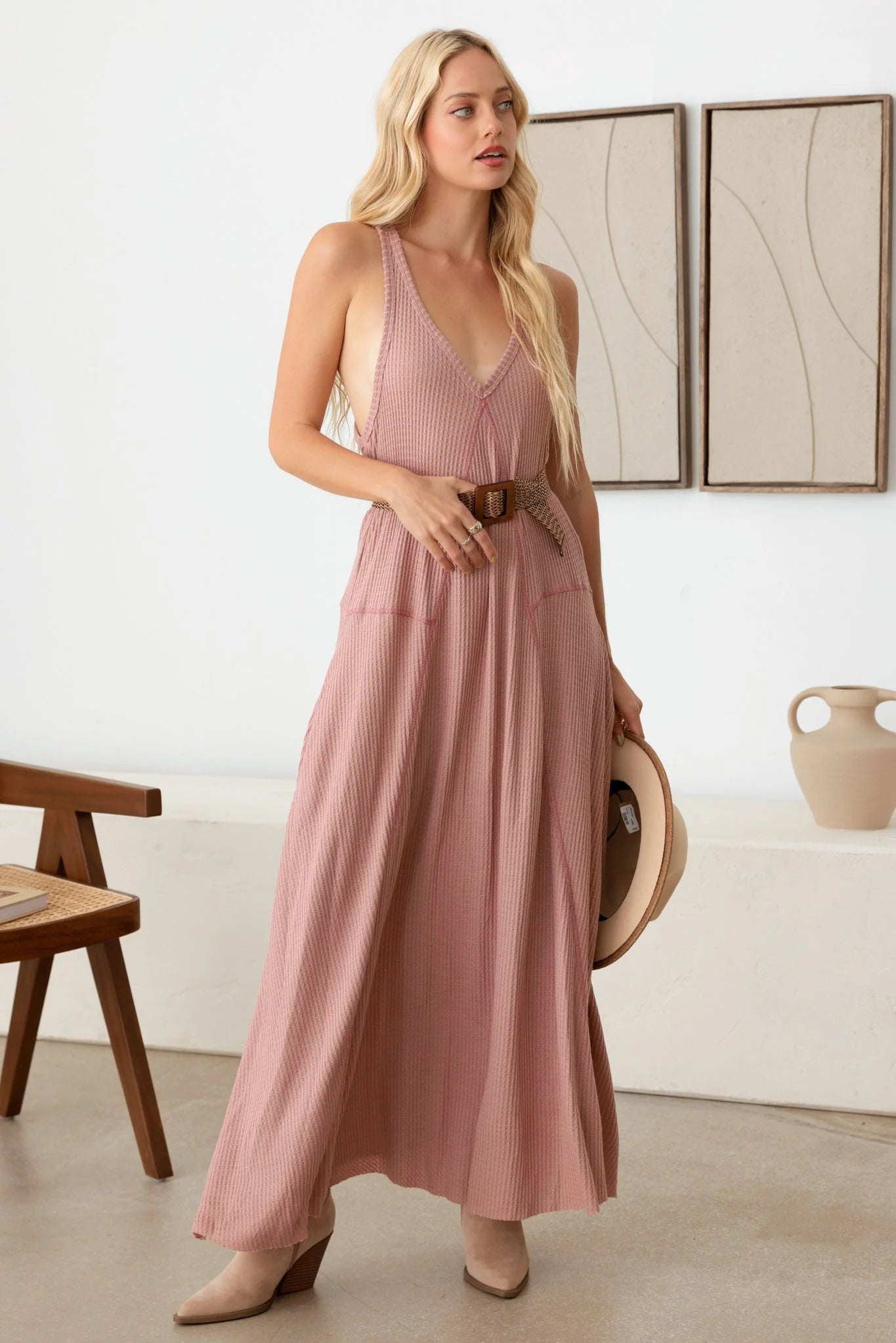 Western V-Neckline Waffle Hip Pocket Maxi Dress