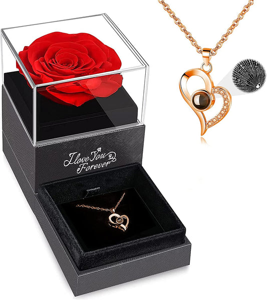 Mothers Day Gifts, Preserved Real Rose with I Love You Necklace, Forever Flowers Rose Gifts for Women, Mom, Wife and Girlfriend, Anniversary Birthday Gifts for Women