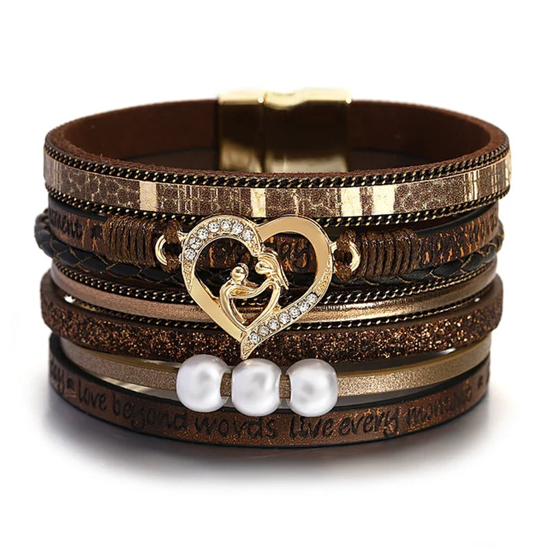 Vintage Heart Pearl Multilayer Leather Bracelet for Women Boho Wide Wrap Bracelets Charm Jewelry Mothers Day Gifts